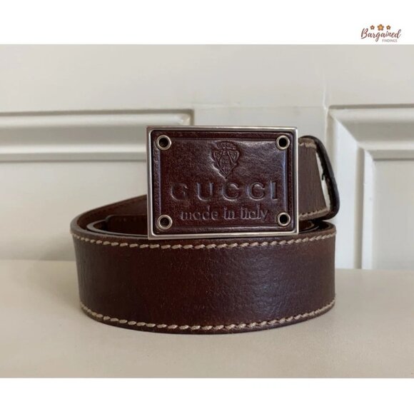 Authentic Gucci Brown Leather Crest Logo Plaque Men's Buckle Belt Size 90/36 - Picture 12 of 13